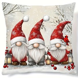 Christmas Gnome Decorative Throw Pillow Cover, 45 x 45 cm, Winter Holiday Design Red And White Cushion - No insert