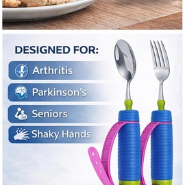 Adaptive Utensils for Arthritis, Parkinson’s & Hand Tremors – 360° Rotating Weighted Fork and Spoon with Adjustable Silicone Strap, Non-Slip Handle, Promote Independent Eating for Elderly