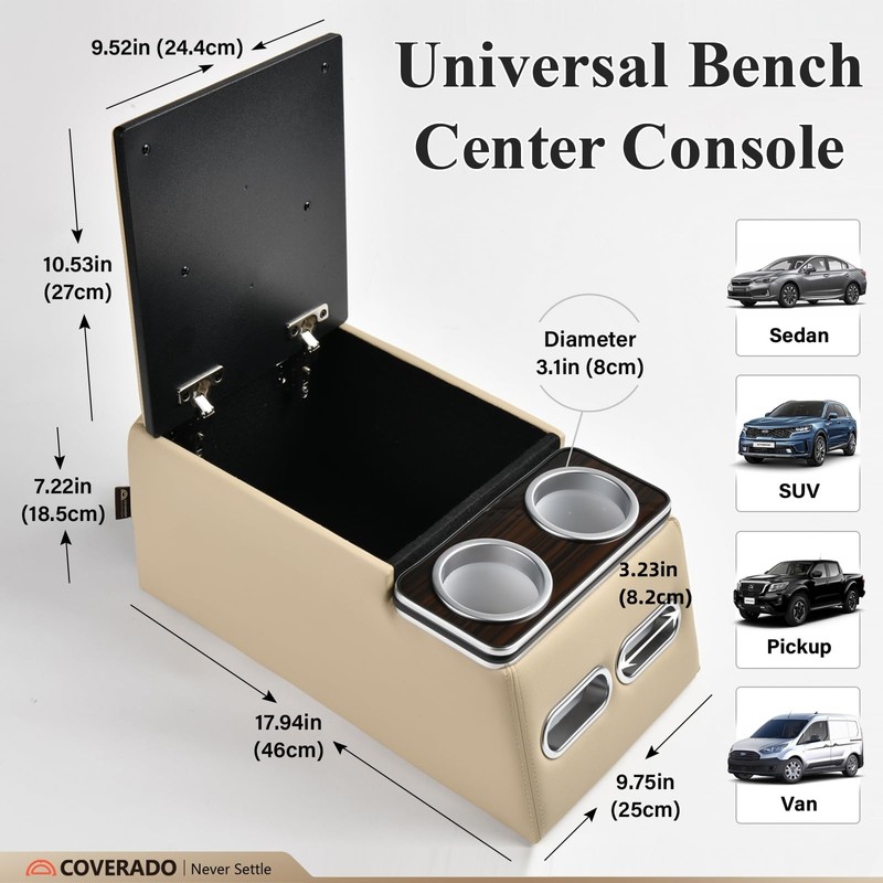 Coverado Car Center Console, Universal Rear Bench Seat Consoles, Truck