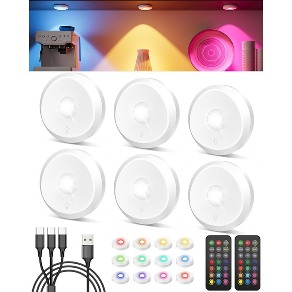 Tedmos Rechargeable Color Changing Puck Lights with Remote, 2400mAh Battery