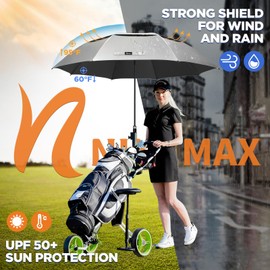 NINEMAX UV Potection Golf Umbrella, 54 Inch UV Umbrellas for Sun Blocking Large Windproof for Rain (Sliver Black)