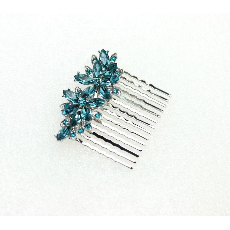 Faship Gorgeous Teal Rhinestone Crystal Floral Hair Comb