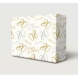 2 Sheets 2 Tags 80th Happy Birthday Celebrate Hooray White Gold Silver Unisex Wrapping Paper Age 80 Birthday Male Female Giftwrap (PA)