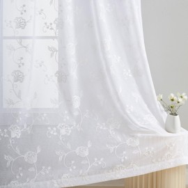 White Sheer Curtains Embroidery 63 Inch Length Rod Pocket Voile Drapes for Living room, Bedroom, Window Treatments Semi Flower Pattern Curtain Panels for Kitchen, Yard, Farmhouse, Set of 2, 52"x 63".