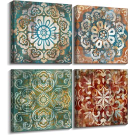 AGOLINE 4PCS Canvas Wall Art- Boho Style Flowers Framed Wall Art for Living Room Pictures for Bedroom Walls Bathroom Decor Kitchen Pictures Wall Decor-12x12in