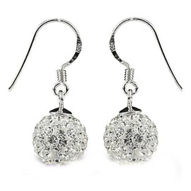 8MM Bling WHITE Austrian Crystal Pave Glitter/Disco Ball Shamballa Style Sterling Silver Dangly/Dangle Drop Hook Earrings for Women/Teenage/Girls - 925 Sterling Silver