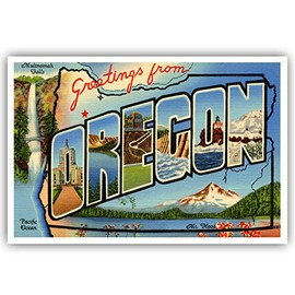 GREETINGS FROM OREGON vintage reprint postcard set of 20 identical postcards. Large letter US state name post card pack (ca. 1930's-1940's). Made in USA.