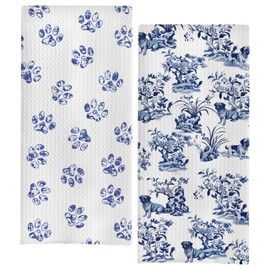 BYRFIIEU Chinoiserie Pug Kitchen Towels Set of 2, Pug Mom Lovers Gifts Dish Tea Towels for Kitchen Decor, Dog Mom Lover Gifts, Blue and White Dog Paws Decorative Hand Towels for Bathroom, 16x24 Inches
