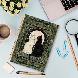 huester Vintage Cat Spiral Notebook Journal, Retro Black and White Kitten Tarot Card Botanical Aesthetic Journal Notebooks for Note Taking, Cat Office Supplies Gifts for Women, 5.5x8.3 Inch
