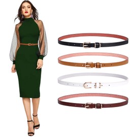 SANSTHS 4 Pack Women Thin Belts for Jeans Dresses Coats Skinny Women Belt with Gold Alloy Buckle, Black+White+Coffee+Brown M