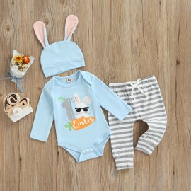 Nicoxijia Baby Boys Girls Easter Outfits Long sleeve Rabbit Romper Bodysuit+Bunny Pants+ Hat My First Easter 3Pcs Clothes Set (B-Light Blue, 9-12 Months)