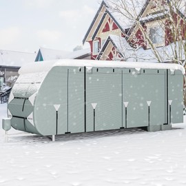 DWVO 24-27FT Travel Trailer Cover RV Cover Camper Cover Super Thick Waterproof Windproof Anti-UV Rip-Stop Motorhome Covers with 2 Long Straps 4 Tire Covers Tongue Jack Cover