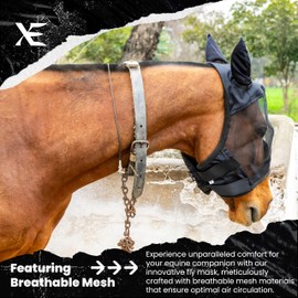XE Horse Fly Mask with Ears –Breathable Mesh Horse Mask for UV Protection and Equine Fly, Standard Equestrian Black Horse Fly Mask (Pony, S)