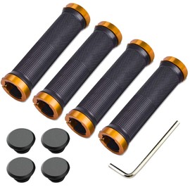 Aiqeer 2 Pairs Bike Handlebar Grips, Anti-Slip Rubber Bicycle Handle Grips with Aluminum Double Lock, Bike Handle Protector for MTB BMX (Golden)