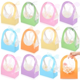 Sweetude 12 Pack Paper Gift Baskets with Handle Tissues Ribbons, 8.7 x 4.7 x 12.2 inch Empty Treat Boxes Goodie Bags for Birthday Wedding Bride Shower Party Favors, Assorted Colors(Pastel)