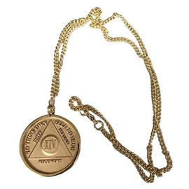 AA Alcoholics Anonymous Medallion Chip Holder Necklace 24 Gold Tone