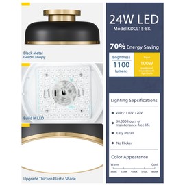 kudos Ceiling Light, 16-inch LED Flush Mount Ceiling Light, Black and Gold Finish, 30W/1900lm Light Fixtures Ceiling Mount for Bedroom,Hallway, 3000K/3700K/4500K/5100K/6000K Adjustbale, KDCL15-BK-L