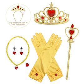 Jurebecia Belle Princess Accessories 6 pcs Costume Accessories with Crown Scepter Gloves Necklace Earrings Ring Yellow