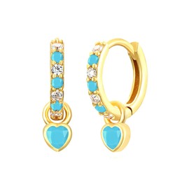 Small Gold Huggie Hoop Earrings For Women Blue Turquoise Earrings With Sky Blue Heart Drop Gold Plated Hoop Earrings Hypoallergenic Cubic Zirconia Dangle Blue Jewelry