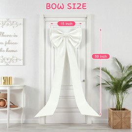 Large Satin Bow for Backdrop, 59" x 15" Giant Bow Ribbon Tie for Themed Room Wall Decor Ormanents Door Wedding Engagement Bachelorette Shower Bridal Christmas Tree Decoration (White, 15x59 Inches)