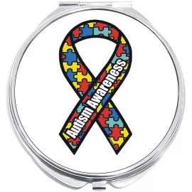 NewCharms Autism Awareness Ribbon Puzzle Pieces Compact with Mirrors - for Pocket or Purse
