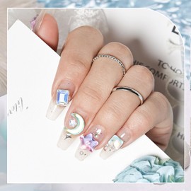 JODSONE Press on Nails Blue and Purple Star Rhinestone Square Fake Nail Tips Finger Manicure for Women and Girls - Medium