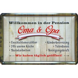 WOGEKA ART Retro Tin Sign – Welcome to the Pension Grandma and Grandpa – Funny Saying as a Gift Idea for Decoration, 20 x 30 cm, Made of Metal in Vintage Design 748