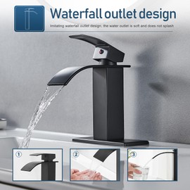 GENBONS Black Bathroom Faucet Waterfall Single Handle Bathroom Sink Faucet with Pop-up Drain, Bathroom Faucet One Hole or 3 Hole with Deck Plate