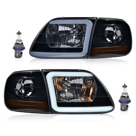 G-PLUS LED Headlights Assembly & Corner Lights Fit For Ford F150 1997-2004/Ford F250 1997-1999/Ford Expedition 1997-2002 Headlamps,FO2502182 FO2503182 Smoky lens Black Housing Amber Reflector