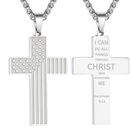 Apsvo American Flag Cross Necklace for Men Bible Verse PHILIPPIANS 4:13 Pendant Stainless Steel Chain Country Necklaces Religious Christian Gift 24 Inches(Silver, Philippians 4:13)