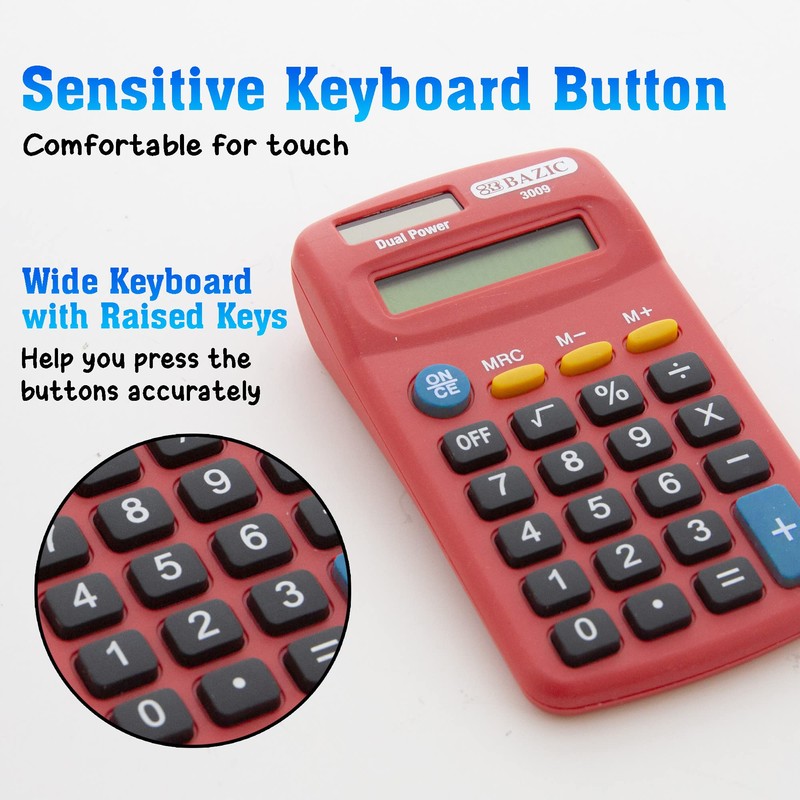 BAZIC 8-Digit Dual Power Calculator Pocket Size, Solar Powered &