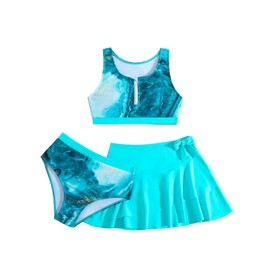 Momkonzz Girls 3 Pcs Bikini Sets for Kids Tie Dye Bathing Suits Tankini with Skirt + Bottoms Teen Swimsuits 7-14T (Blue, 13-14T)