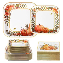 Grencian 200Pcs Fall Plates and Napkins Thanksgiving Plates Pumpkin Flower Wreath Plate Disposable Pumpkin Tableware Fall Party Supplies for Autumn Harvest Thanksgiving Party Decorations, Serves 50