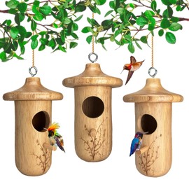 Hummingbird House, 3Pcs Humming Bird House for Outside Hanging, Natural Wooden Hummingbird Nest, Gardening Gifts Home Decoration