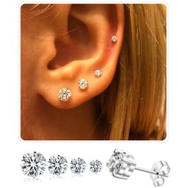 Earrings Studs Set for Women Men, Hypoallergenic 316L Stainless Steel Studs Earrings 3-4-5-6mm Cubic Zirconia Simulated Diamond Round CZ Ear Stud for Multiple Piercing（4Pairs-Silver)