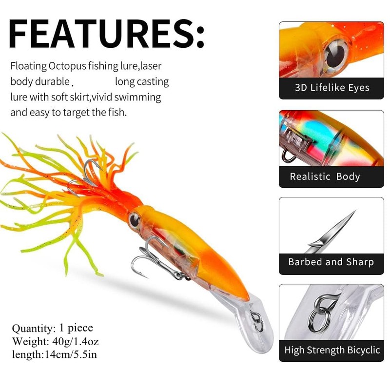 OriGlam 4pcs Simulation Squid Fishing Lures Bait Kit, Octopus Swimbait