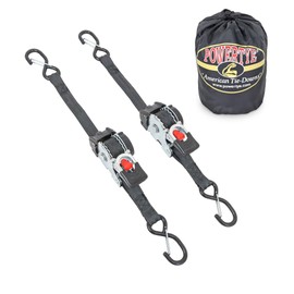 PowerTye 1 inch x 10 Foot Retractable Ratchet Tie-Downs w/Latch Hooks - 800 lb Working Load Limit - Includes Storage Bag - Black (Pair)