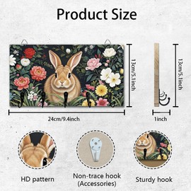 DELORIGIN Retro Rabbit and Flowers Key Holder Key Hooks Wall Mounted Wooden Key Racks with 5 Hooks Key Storage Organizer House Key Hanger for Wall Decor Door Entryway Hallway Kitchen New Home Gift