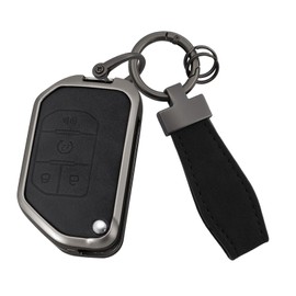 HIBEYO 4 Button Key Fob Cover Compatible with Jeep Gladiator JT Sahara JLU 2018-2023 Jeep Wrangler JL JLU Rubicon Accessories Leather& Zinc Alloy Folding Key Shell with Keychains-4 Button Black