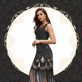 PLULON 1920s Dresses for Women, Sequin Fringed Gatsby Flapper Cocktail Dresses 1920s with 20s Accessories Set, Roaring 20s Costumes