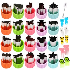 Pwsap 31Pcs Vegetable Cookie Cutters with Comfort Grip, Stainless Steel Fruit Shape Cutters, Cartoon Animal Food Cutter Stamps, Vegetable Cutter Shapes Set with 10 Cartoon Toothpicks and 1Pcs Brush