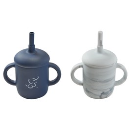 PAPU BABY Set de 2 Vasos Entrenador de silicón con popote y asas. Juego de tazas de bebe. Alimentación complementaria. SIlicón 100 grado alimenticio (Lila/Naranja)