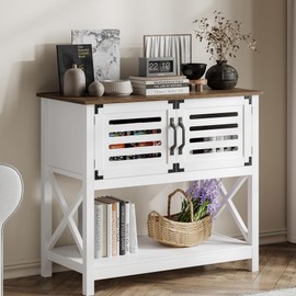 ChooChoo Farmhouse Console Table with Charging Station, 35.4 L x 17.7 D x 31.49 H Coffee Bar Cabinet with Storage, Sideboard Buffet Cabinet with Doors for Kitchen, Living Room, White