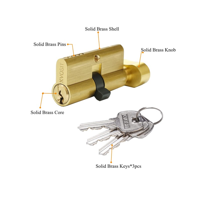 Solid Brass Lock Cylinder with 3 Brass Keys 63mm Door