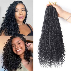 8 Packs 18inch Goddess Box Braids Crochet Hair With Curly Ends Pre Looped Bohomian Boho Crochet Braids Synthetic Braiding Hair Extensions For Women (1B, 18inch)