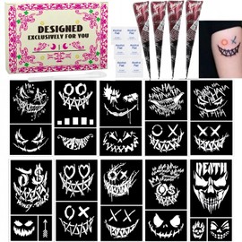 Brown Temporary Tattoo Stencils Kit - 4 Pcs Brown Tattoo Cones with 1Pcs Outline Pen |Tattoo Stencils Kit Includes Reusable Stencil Designs | DIY Body Art for Kids & Adults Party Gifts