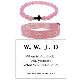WWJD Braided Rope Bracelet Set for Women Men Colorful What Would Jesus Do Crystal Beaded Bracelet Natural Stone Cross Stretch Bracelet Protection Pray Inspirational Religious Christian Jewelry-Pink