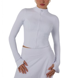 YITTY Active Women's Ultraluxe Cropped Full Zip Jacket, Athleisure, 4-Way-Stretch, Thumbholes, True White, M