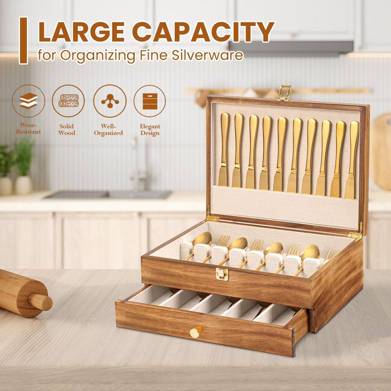 Yoimori Silverware Storage Box, 2-Layer Flatware Storage Case with Drawer,