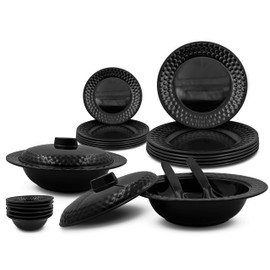 Konvio Kitchen Black Melamine Unbreakable Dinner Set Collection Plates Bowl and Spoons (22 Pieces, Black Base)